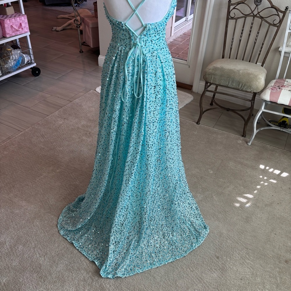 NEW Aqua Dress Cowl Neckline Seafoam Blue Strapless Prom Dress NWOT Size L/12 - Picture 8 of 12